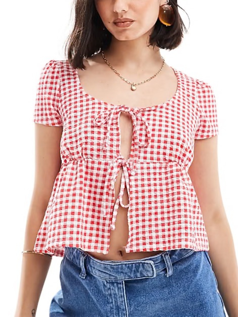 ASOS DESIGN cottage summer milkmaid tie front top in red gingham print